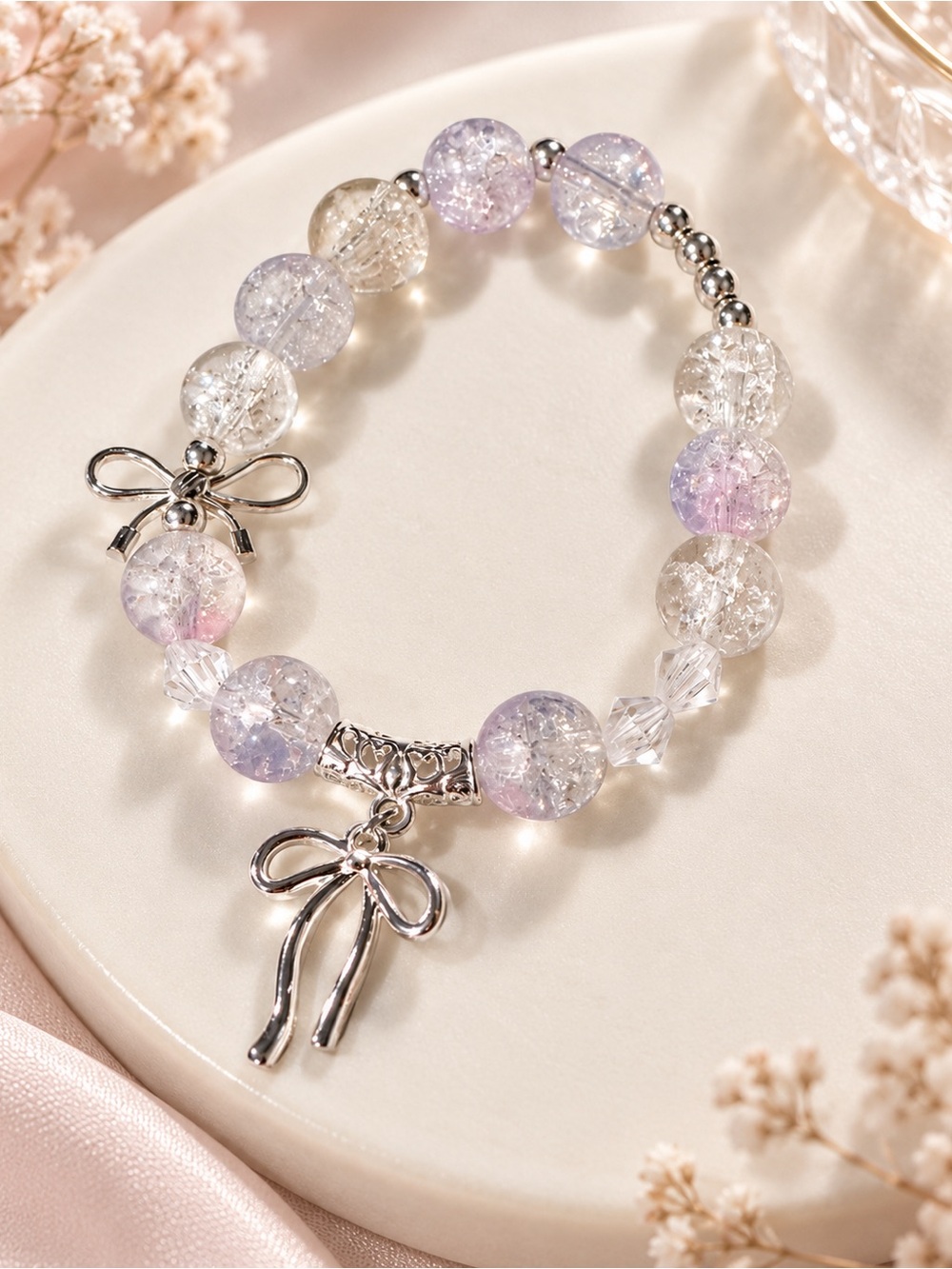Crystal Bow Charm Bracelet - Lavender and Clear
